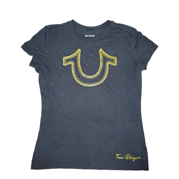 True Religion Black Graphic Tee With Yellow Horseshoe Logo Women's Medium - Picture 1 of 4